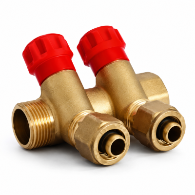 Gross 857A 1"-1/2"-16 - Колектор з краном та гайками 857A 1"-1/2"-16 - 2 виходи, 16*2.0, червоний, Гросс