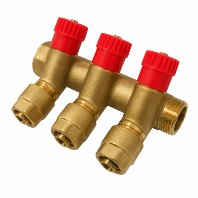 Gross 857A 3/4"-1/2"-16 - Колектор з краном та гайками 857A 3/4"-1/2"-16 - 3 виходи, 16*2.0, червоний, Гросс
