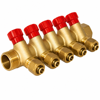 Gross 857A 3/4"-1/2"-16 - Колектор з краном та гайками 857A 3/4"-1/2"-16 - 5 виходів, 16*2.0, червоний, Гросс