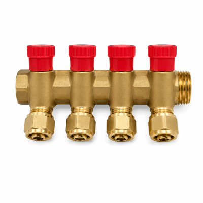 Gross 857A 3/4"-1/2"-16 - Колектор з краном та гайками 857A 3/4"-1/2"-16 - 4 виходи, 16*2.0, червоний, Гросс